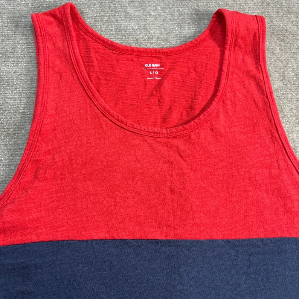 Old Navy Mens Tank Top Bundle Size Large Red Blue Stripe Palm Tree Graphic 2pk